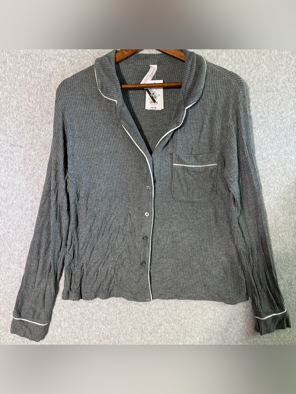 Auden Charcoal Ribbed Long Sleeve Pajama Top with White Piping
